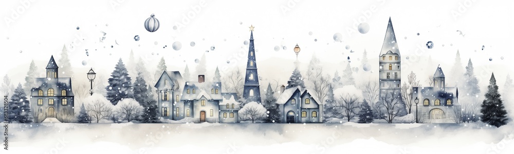 A beautiful small town covered with snow in winter with trees, buildings, houses, magic christmas balls, snowflakes, magical fairy-tale setting, lovely naive drawing decorative frieze or page border