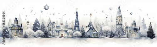 A beautiful small town covered with snow in winter with trees, buildings, houses, magic christmas balls, snowflakes, magical fairy-tale setting, lovely naive drawing decorative frieze or page border