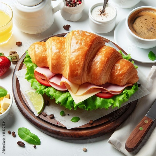 Fresh croissant sandwich with ham, cheese and salad leaf with coffee on white table, top view