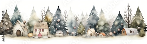 A beautiful small village covered with snow in winter with pine trees, characters, houses, magic birds ands stars, snowflakes, magical fairy-tale scene, naive drawing decorative frieze or page border