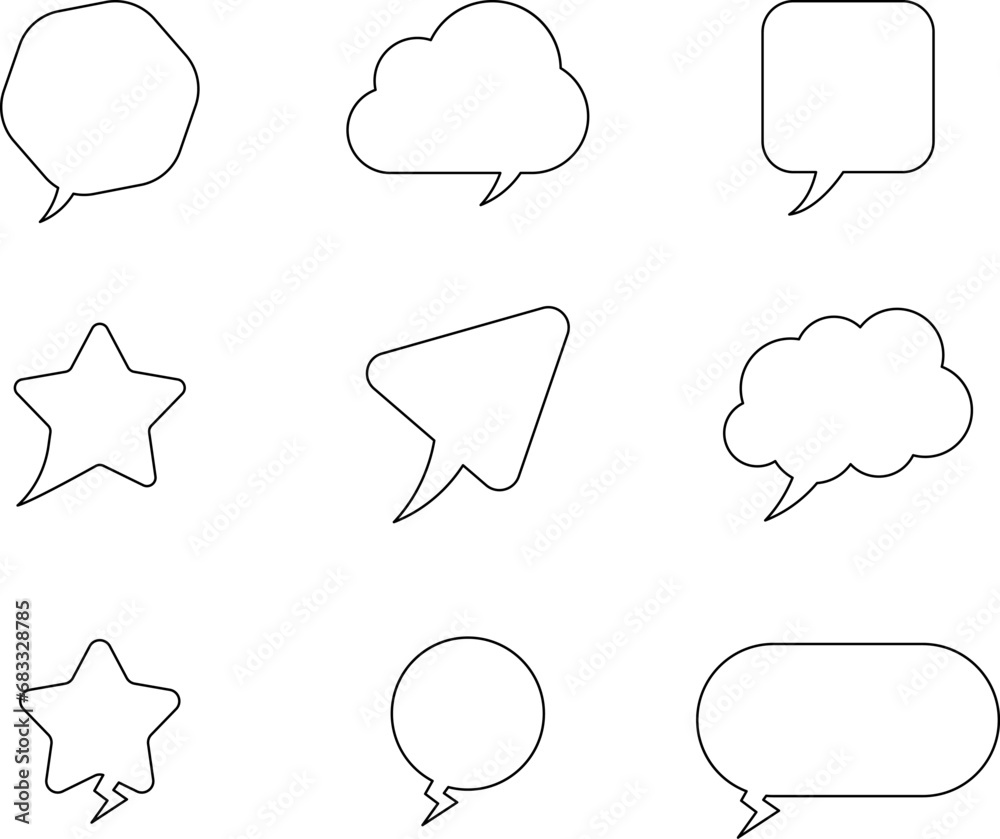 Speak bubble text, message box, chatting box, cartoon set. Vector illustration. Balloon doodle style thinking sign symbol. Speech bubble, speech balloon, chat bubble. Speak bubble text, message box, chatting box, cartoon set. Vector illustration. Balloon doodle style thinking sign symbol. Speech bubble, speech balloon, chat bubble.