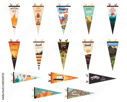 Set of adventure pennants. Camping Pennant flags design. Vintage outdoor designs with summer camp symbols mountains, lantern, campfire. Stock collection