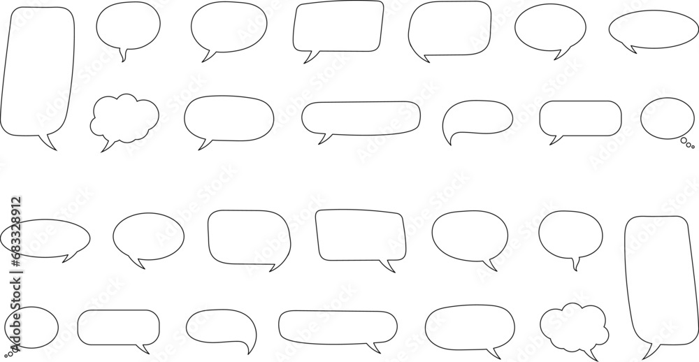Speak bubble text, message box, chatting box, cartoon set. Vector illustration. Balloon doodle style thinking sign symbol. Speech bubble, speech balloon, chat bubble. Speak bubble text, message box, chatting box, cartoon set. Vector illustration. Balloon doodle style thinking sign symbol. Speech bubble, speech balloon, chat bubble.