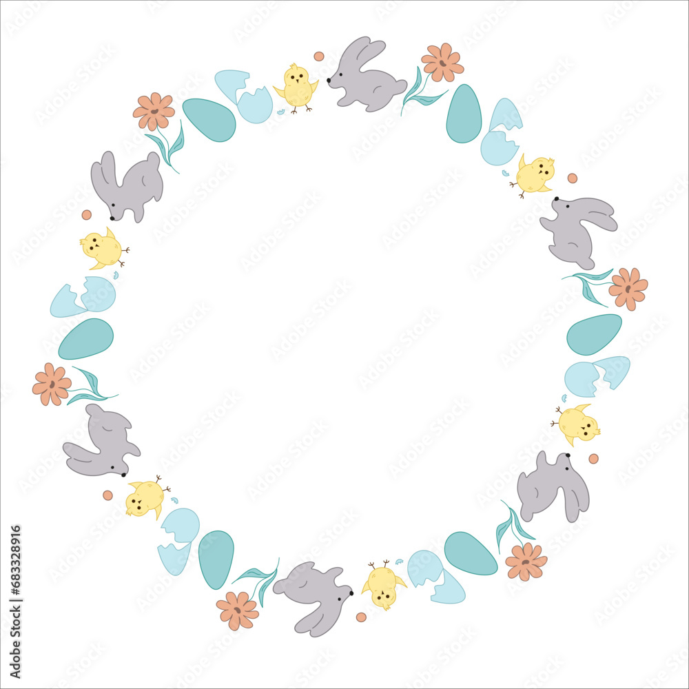 Easter wreath. Rabbit ears, flowers, heart, Willow buds. Doodle vector illustration. Happy Easter. Easter wreath. Rabbit ears, flowers, heart, Willow buds. Doodle vector illustration. Happy Easter.