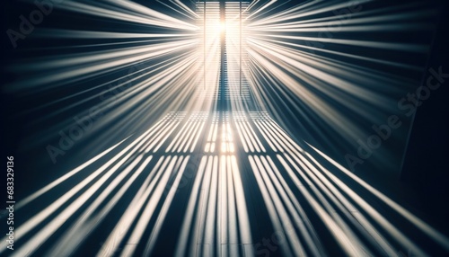 Striking light and shadow play with sunbeams piercing through window blinds in a dark room