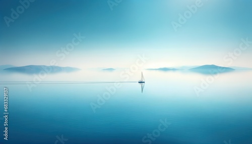 A serene image of a sailboat gliding over calm waters with misty hills in the background photo