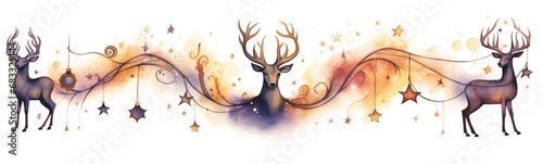 Beautiful festive wild deer or reindeer frieze, light aerial magic wildlife dream decoration, winter fairytale illustration page divider or border, watercolor art, transparent background illustration