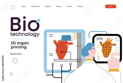 Bio Technology, 3D organ printing -modern flat vector concept illustration of 3D printer creating a human heart. Metaphor of technology in organ transplantation and the future of regenerative medicine