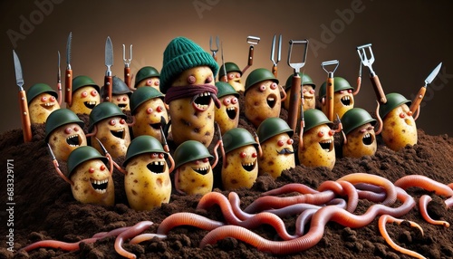 Humorous image of potatoes dressed as soldiers, complete with weaponry and a humorous undertone photo