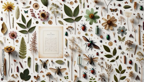 An assortment of various botanical specimens and insects carefully arranged on a white background