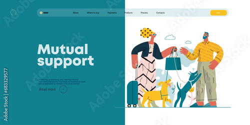 Mutual Support: Pet-sitting -modern flat vector concept illustration of a woman going on vacation leaving her dogs with neighbor. A metaphor of voluntary, collaborative exchanges of resource, services