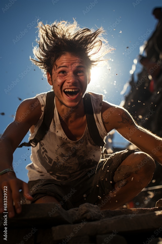 Parkour athlete performing a daring flip over an obstacle, capturing a ...