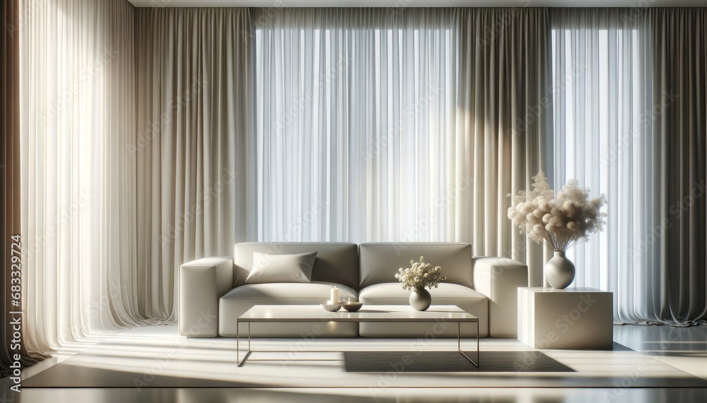 Elegant and minimalistic living room with sunlight filtering through sheer curtains creating a serene ambiance
