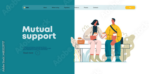 Mutual Support: Share food -modern flat vector concept illustration of woman offering half of her lunch to colleague in the park. A metaphor of voluntary, collaborative exchanges of resource, services