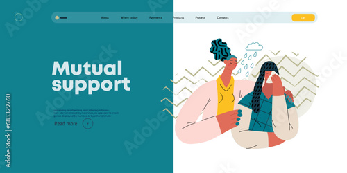 Mutual Support: Emotional aid and support -modern flat vector concept illustration of a woman comforting her friend in her sorrow A metaphor of voluntary, collaborative exchanges of resource, services