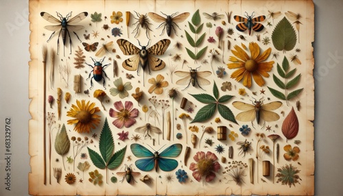 Antique collection display of various insects and botanical illustrations on aged paper photo