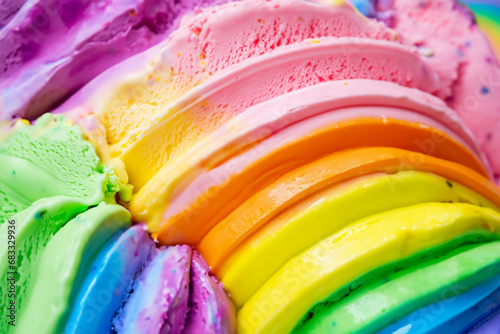 The image shows a close-up of colorful ice cream, resembling a rainbow, with different flavors and colors layered on top of each other. The ice cream appears to be frozen yogurt.