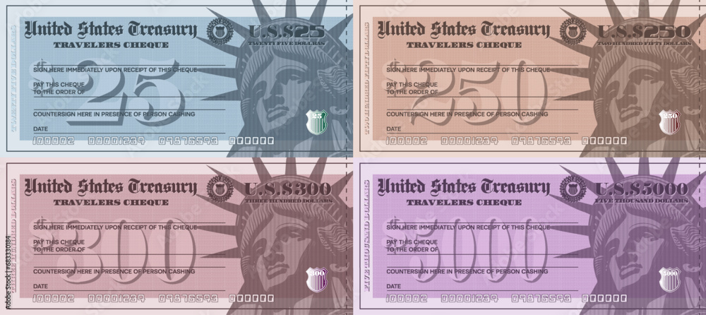 Vector set of fictitious color USA travelers cheques. The denomination of checks is 25, 250, 300 and 5000 dollars. Statue of Liberty head, seal and shield. Part 2
