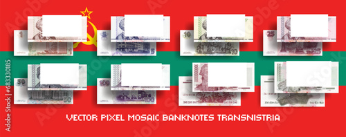 Vector set of pixel mosaic banknotes of Moldavian Transnistria. Collection of bills in denominations of 1, 5, 10, 25, 50, 100, 200 and 500 Transnistrian rubles. Play money or flyers.