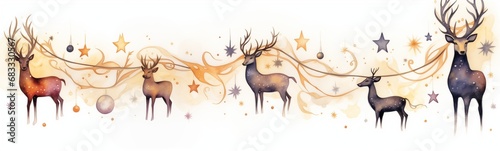 Beautiful herd of deer, reindeer in snow, festive garland of golden and silver stars and balls, light aerial magic dream volutes, winter fairy tale illustration page divider or border, watercolor art photo