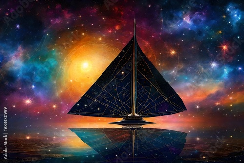 An intricate astral solar sailer floats gracefully amidst a sea of stars