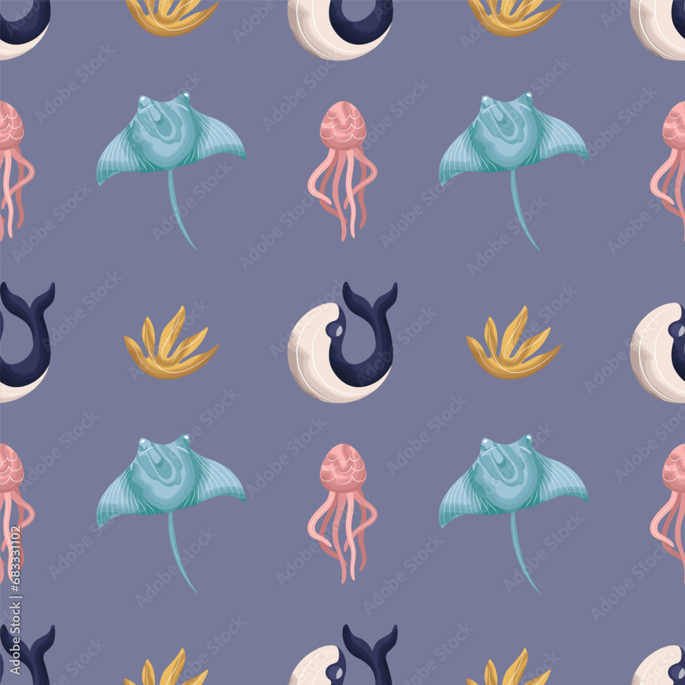 Marine seamless pattern. Watercolor whale, dolphin, jellyfish, stingray. Template for banner, paper, fabric, textile. Vector illustration on isolated background in modern style. Marine seamless pattern. Watercolor whale, dolphin, jellyfish, stingray. Template for banner, paper, fabric, textile. Vector illustration on isolated background in modern style.
