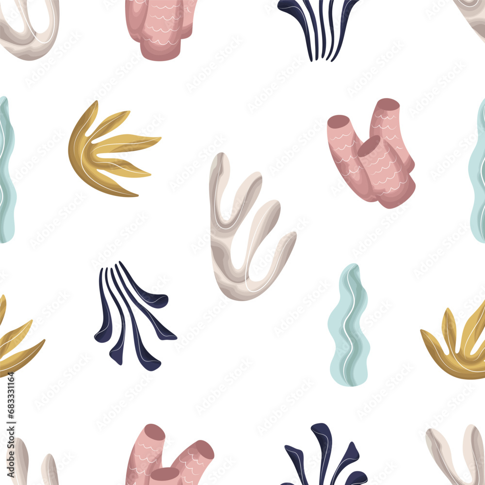 Fototapeta premium Marine seamless pattern. Watercolor seaweed. Template for paper, fabric, textile, banner. Vector illustration on isolated background in modern style.