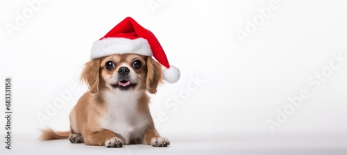 puppy with santa claus hat on white background Generative AI © Denis S