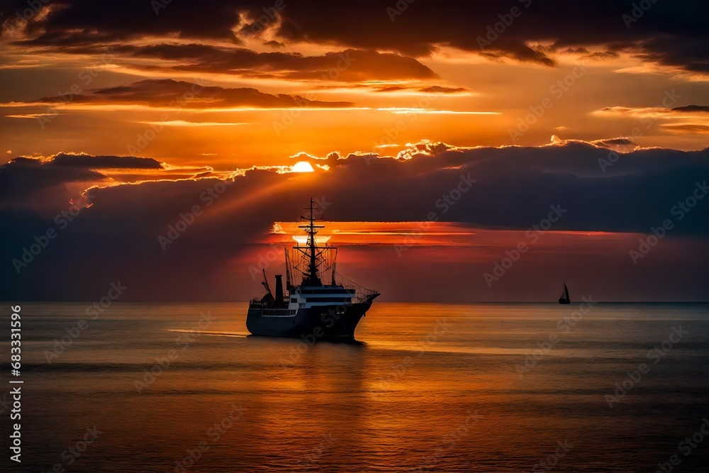 As the sun sets over the horizon, a lone ship sails towards the unknown,