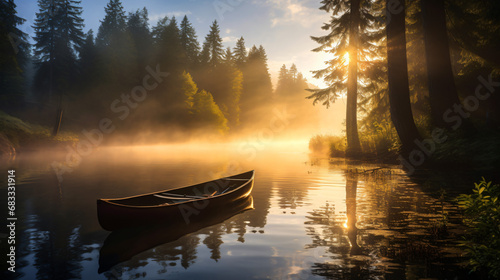 A canoe on a lake with fog in the air and trees