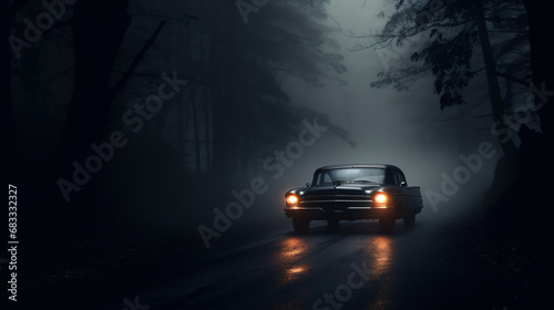 A car driving down a road in the foggy night.