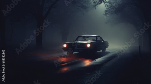 A car driving down a road in the foggy night. © Natia