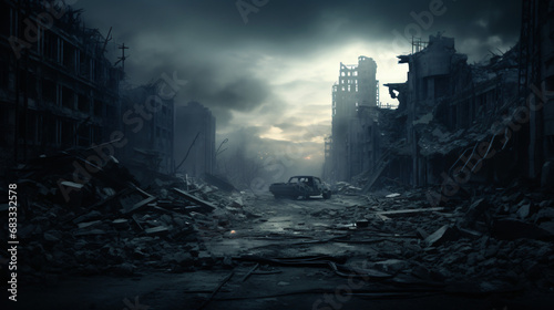 A city destroyed by war shown in a dark atmosphere.