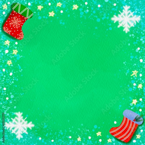 Watercolor christmas background with snowflakes, socks.