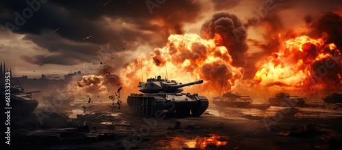 Big tank war machine on battleground with burning fire and smoke clouds. AI generated
