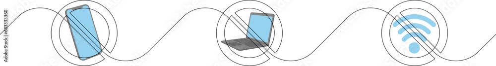 Crossed out smartphone, laptop and wi-fi by continuous line. Ban of ...