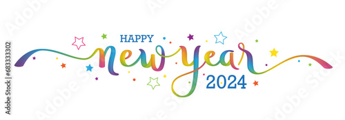HAPPY NEW YEAR 2024 colorful vector brush calligraphy banner with stars