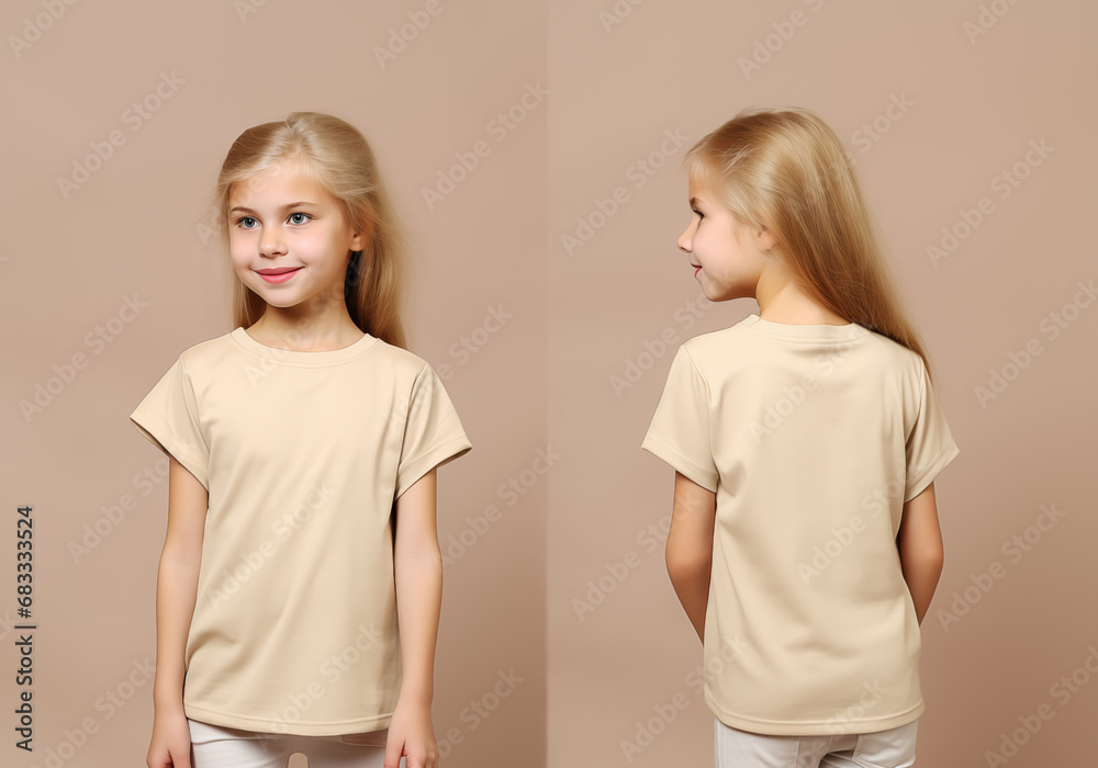 Front and back views of a little girl wearing a beige T-shirt Front and back views of a little girl wearing a beige T-shirt
