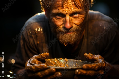 Close-up on the hands of a gold miner sifting gold-bearing dirt, showing the texture and shine of the precious metal, Generative AI photo