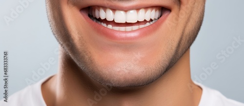 Close up portrait of cheerful handsome young healthy man with white teeth. AI generated image