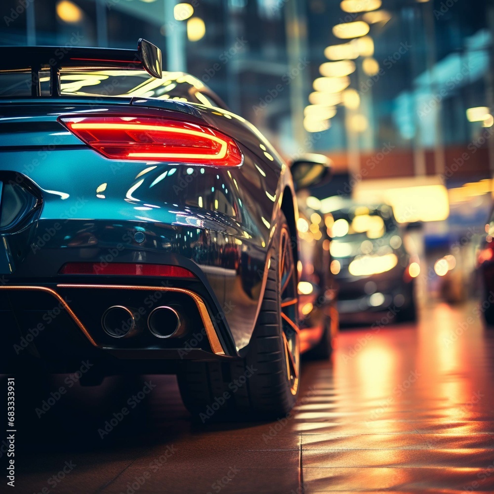 Close up of stainless steel exhaust tip muffler pipe of sports car, bokeh car showroom on background. Dual exhaust at the back of black car with rear defuser - obrazy, fototapety, plakaty 