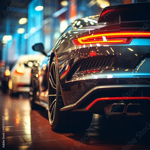 Close up of stainless steel exhaust tip muffler pipe of sports car, bokeh car showroom on background. Dual exhaust at the back of black car with rear defuser © Nimble Web Solutions