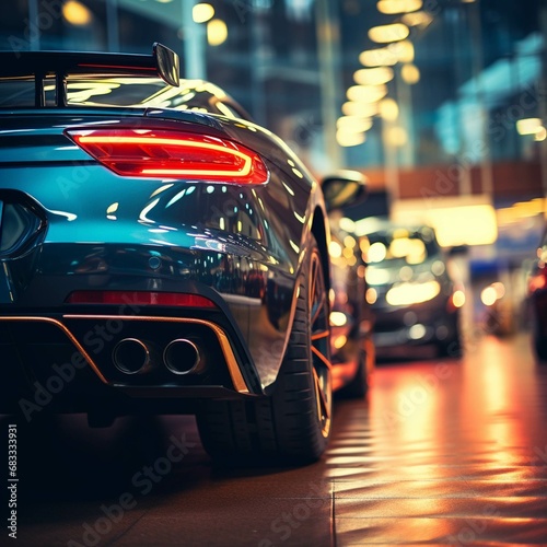 Close up of stainless steel exhaust tip muffler pipe of sports car, bokeh car showroom on background. Dual exhaust at the back of black car with rear defuser © Nimble Web Solutions
