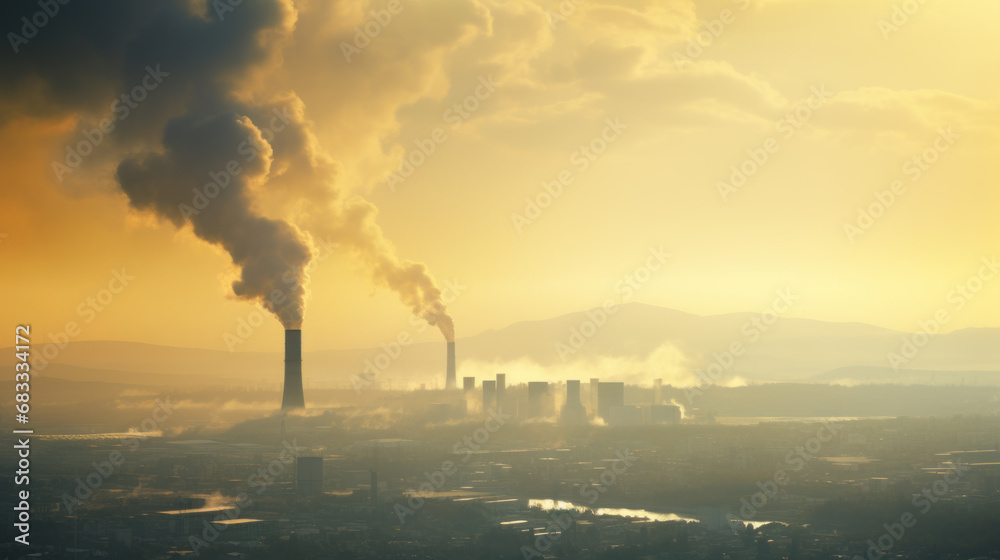 Dense smog and industrial plant chimneys