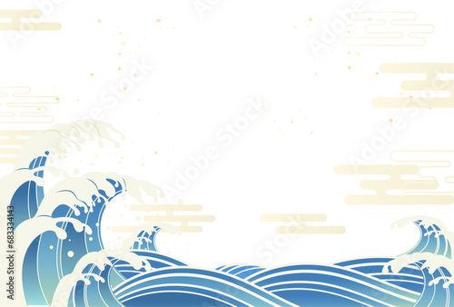 荒ぶる波しぶきの和風背景イラスト_横2