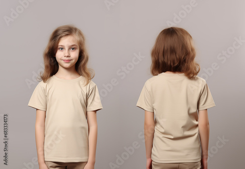 Front and back views of a little girl wearing a beige T-shirt