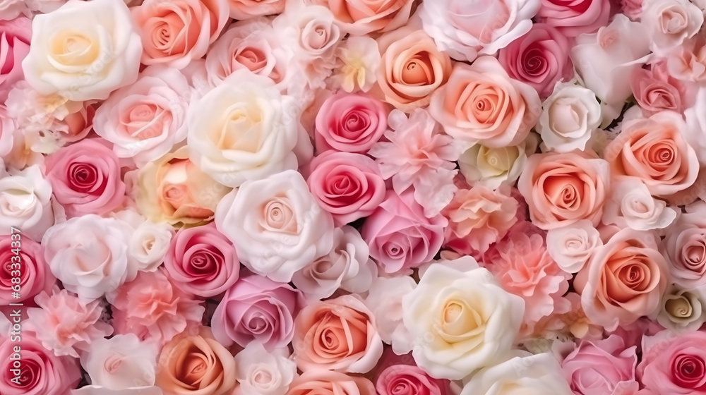 The pink and white roses floristry art backdrop background. The love in valentine event concept