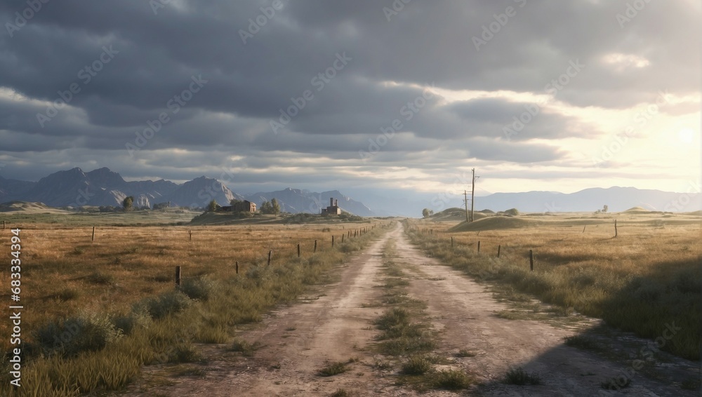 A Tranquil Landscape with a Dirt Road Leading Towards an Endless Horizon