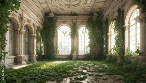 Ancient windows in an indoor estate  with architectural columns and plants