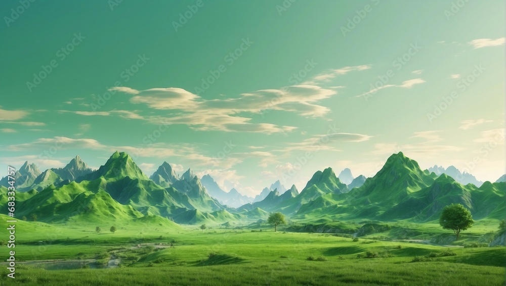 Tranquil Mountain Landscape with Green Foliage, Lush Fields, and a Sky